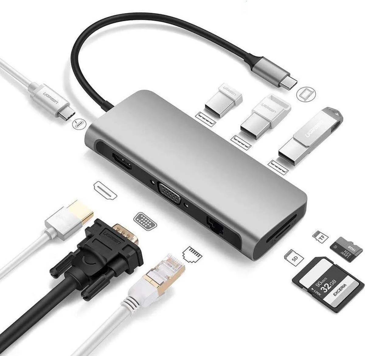 

USB-C adapter Thunderbolt 3 met 4K MD VGA en 7 andere poorten situatie 9 in 1 USB-C Adapter TYPE C HUB, Silver