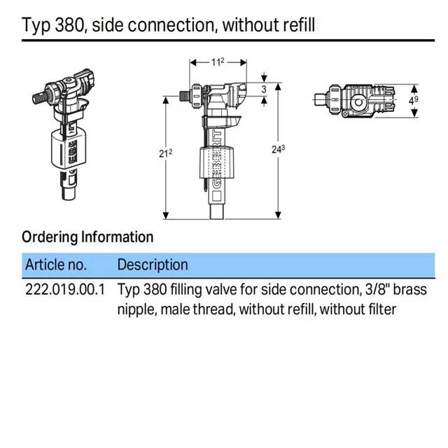 
Typ380 GEBERIT Fill Valve for Toilet Cistern, Australian Standard Watermark Inlet Valve 