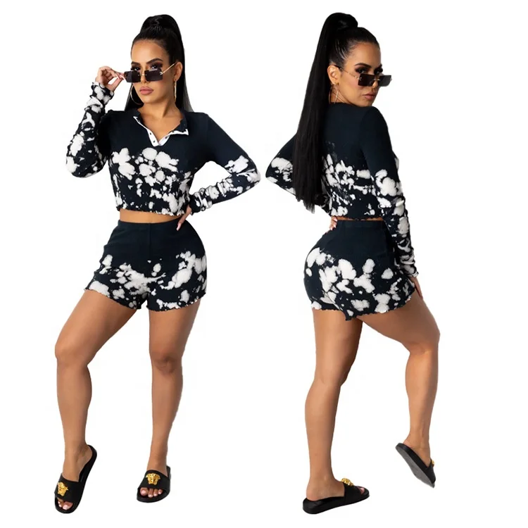 

B64075A women's clothing printing long sleeve shorts casual two sets, Picture color
