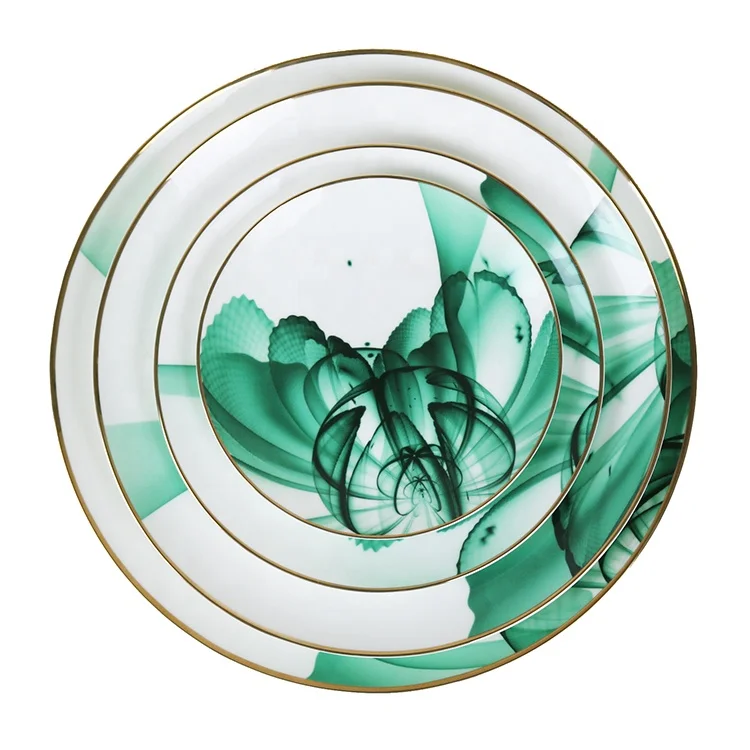 

2022 Modern Free Logo Restaurant Tableware Hand Painted White Green Ceramic Shallow Pasta Plate Set, As shown