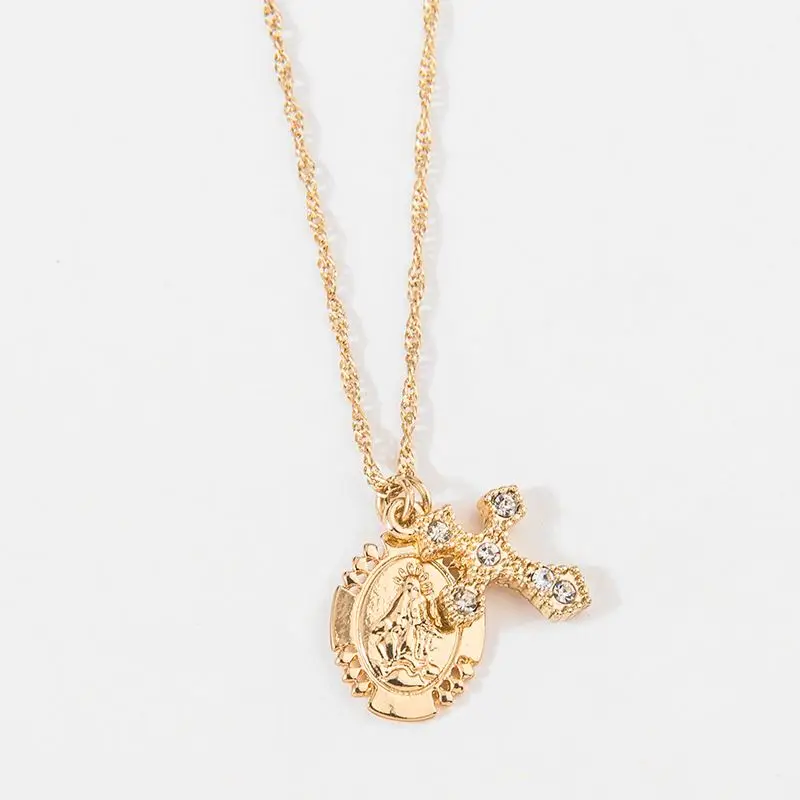 

YACHAN New gold color cross & virgin mary pendent necklace women short chian jesus necklace jewelry, Shiny gold