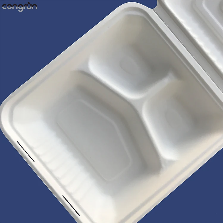 
Compostable Biodegradable sugarcane paper pulp 3 compartment food boxes with lid 