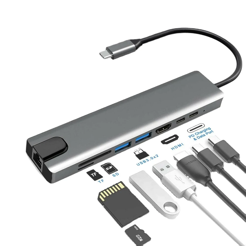 

8 in 1 USB-C Hub Adapter Type-C Kabel naar 4K 60hz Converter Ethernet 3.0 USB C 8 IN 1 Hub Usb Charging Station Dock, Silver