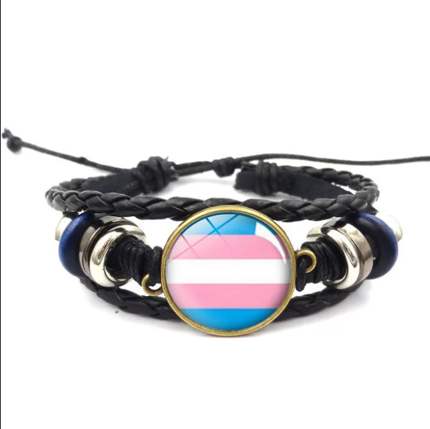 

2021 woven pu leather vintage rainbow bracelet , wholesale twine leather pride parade, Zinc alloy black