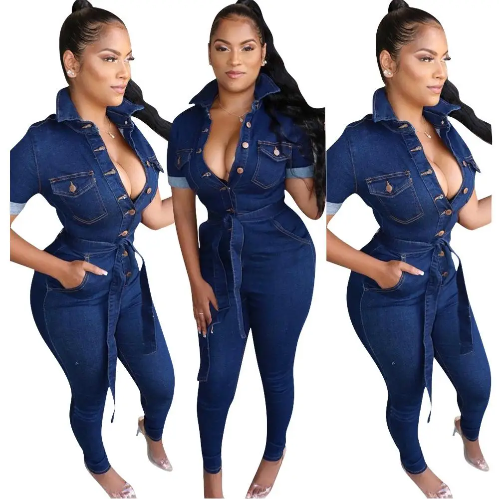 

Summer Casual Short Sleeve High Waist One Piece Overall Playsuit Demin Jumpsuit Women with Pockets Jeans Jump Suit Ladies