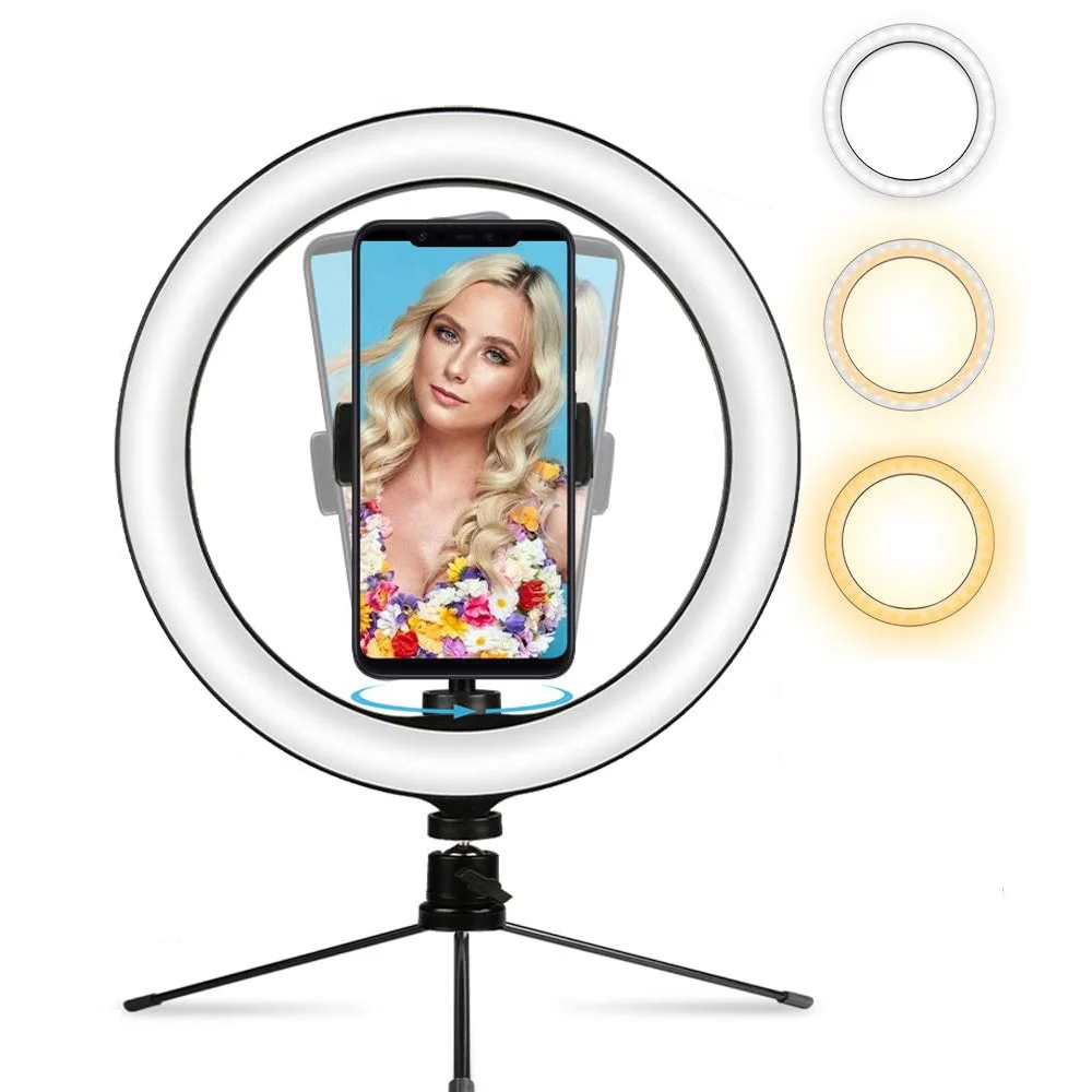 

Goldmore 10inch 120pcs Led 800Lumen Ring Light with Dest Tripod and remote with Dimmable 3 Light Mode for Livestream