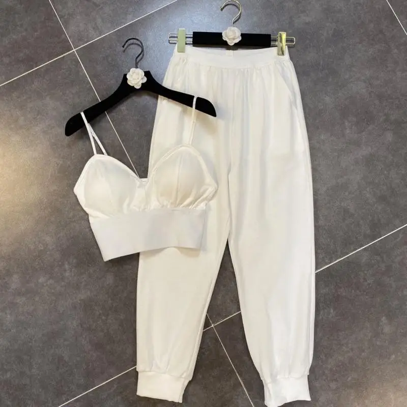 

DEAT 2021 New Summer Fashion Casual Stapless Hollow Out Sexy Vest High Waist Long Pants Two Piece Set Women Outfits SD020