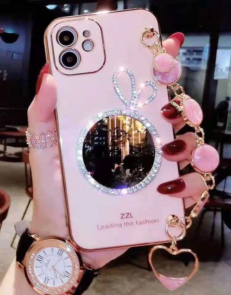 

Luxury Electroplated Pearl Bracelet Mirror Phone Case For iPhone 13 12 11 Pro XS Max XR X XS