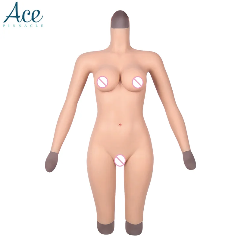 

D Cup Artificial Knee-length Round Neck Sleeves Buttocks Pad Transgender Prosthetic Silicone Breast Form Bodysuit