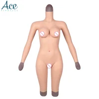 

Free shipping D Cup Artificial Knee-length Round Neck Sleeves Buttocks Pad Transgender Prosthetic Silicone Breast Form Bodysuit