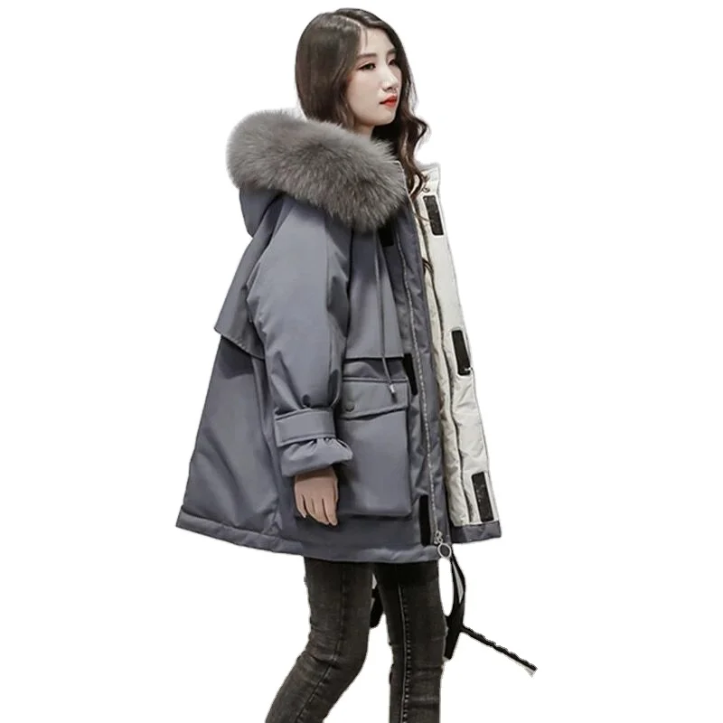 

2021 Faux Fur Collar Winter Jacket Women 90%White Duck Down Coat Female Thick Warm Down Parka Snow Loose Hooded Coat, Picture