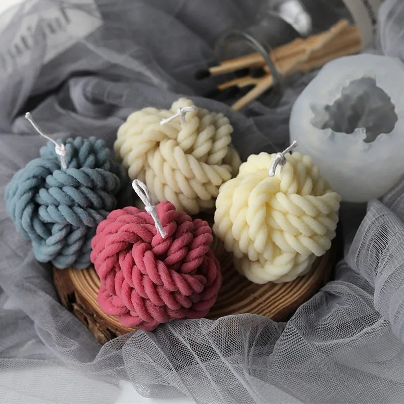 

J130 Handmade Scented Candle Wax Mold Home Decoration Woolen Ball Knot Design Woolen Candle Silicone Molds, White