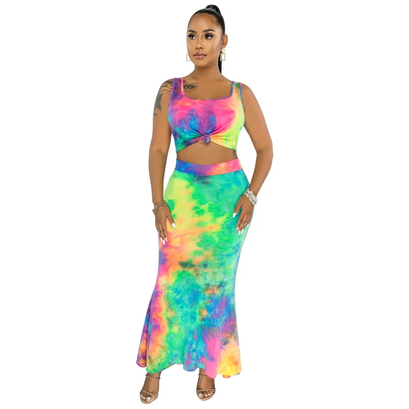 

Amazon summer latest hot style tie-dye women suit sleeveless tops and long pants two pieces sexy dating suit for ladies