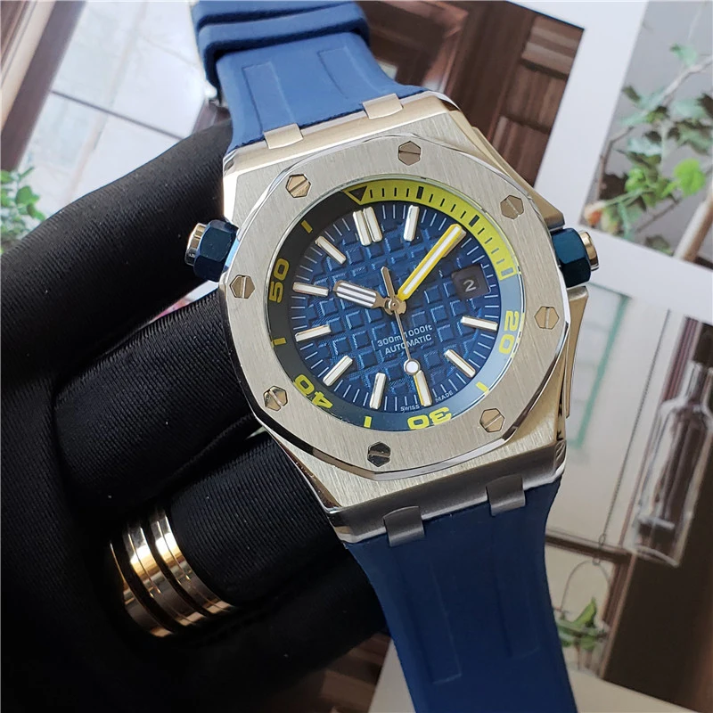 

3A OA silver case blue grid dial infinity scale bar automatic mechanical luxury brand waterproof sport watch