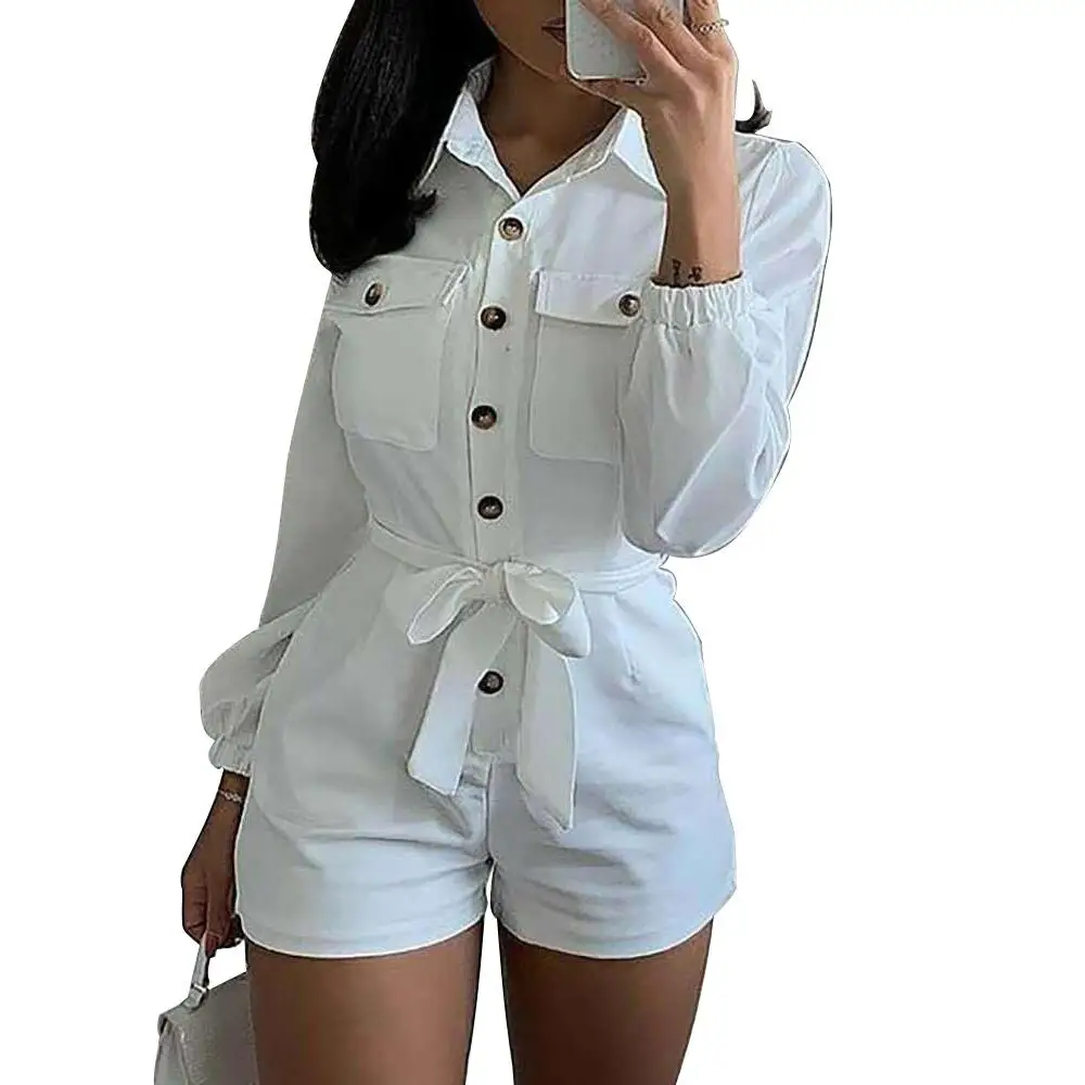 

2021 Women White Long Sleeve Romper Shorts Overalls One Piece Jumpsuit