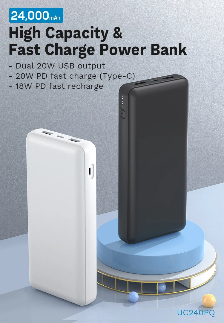 Large Capacity Type C 20W Fast Charge Power Bank 24000 mAh With Dual USB Ports 24000mAh High Capacity Fast Charge Power Bank Dual 20W USB Output 20W PD USB Type-C fast charge 18W PD fast recharge