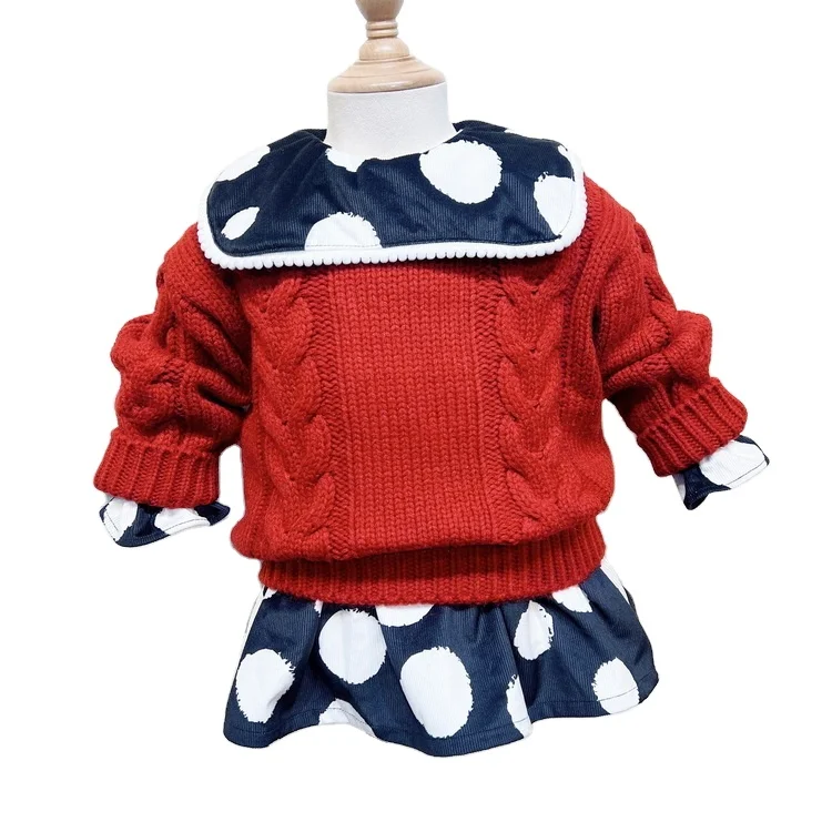 

Baby Fall Clothing Knitted Red Sweater With Spotted Long-Sleeve Dresses For Kids Girls
