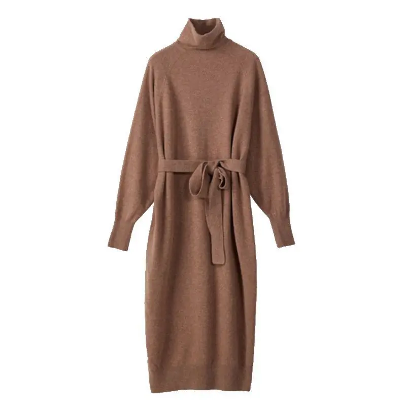 

high collar long sleeve winter over knee length sweater dress