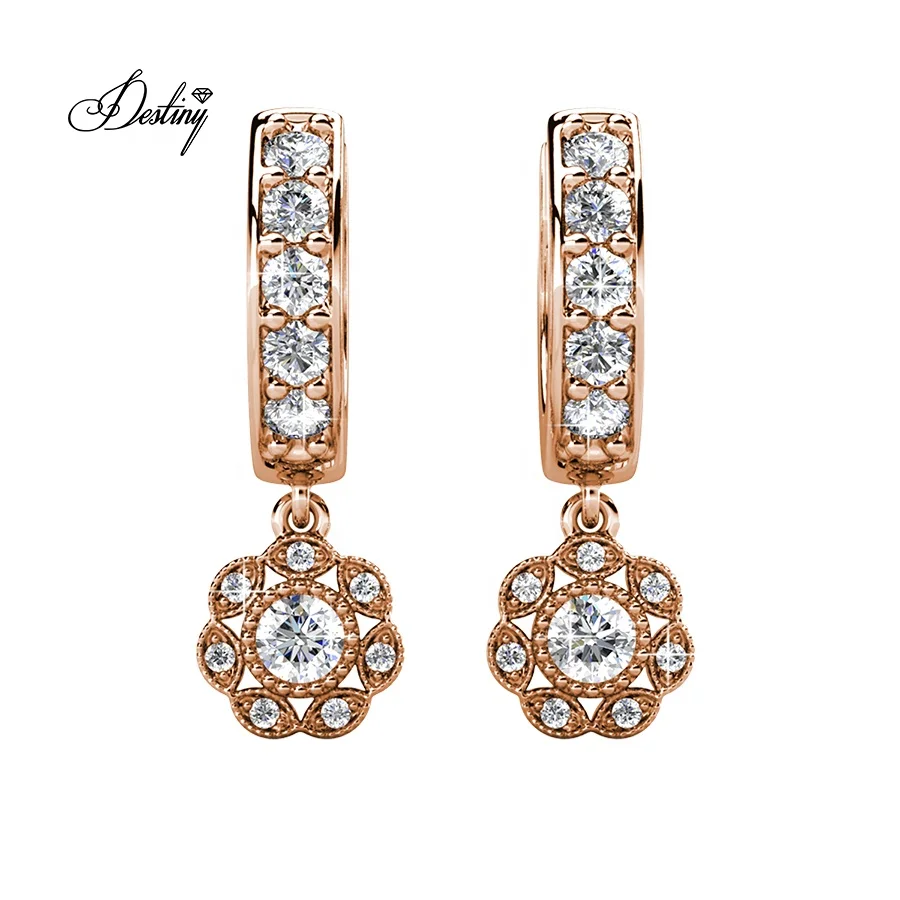 

Destiny Jewellery High Quality Vintage Mini Huggie Hoop Floral Flower Pave Crystal Earrings For Women, White /rose