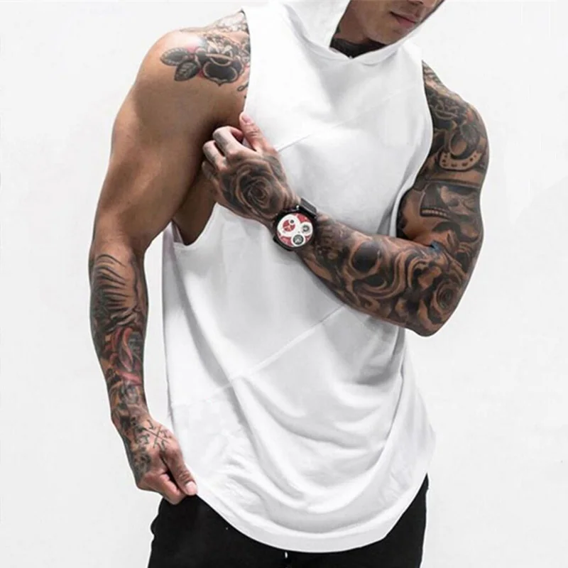 Custom OEM Logo Gym Clothing Fitness Hooded Tank Top Men's Bodybuilding Stringers Tank Tops Workout Singlet Sleeveless Shirt