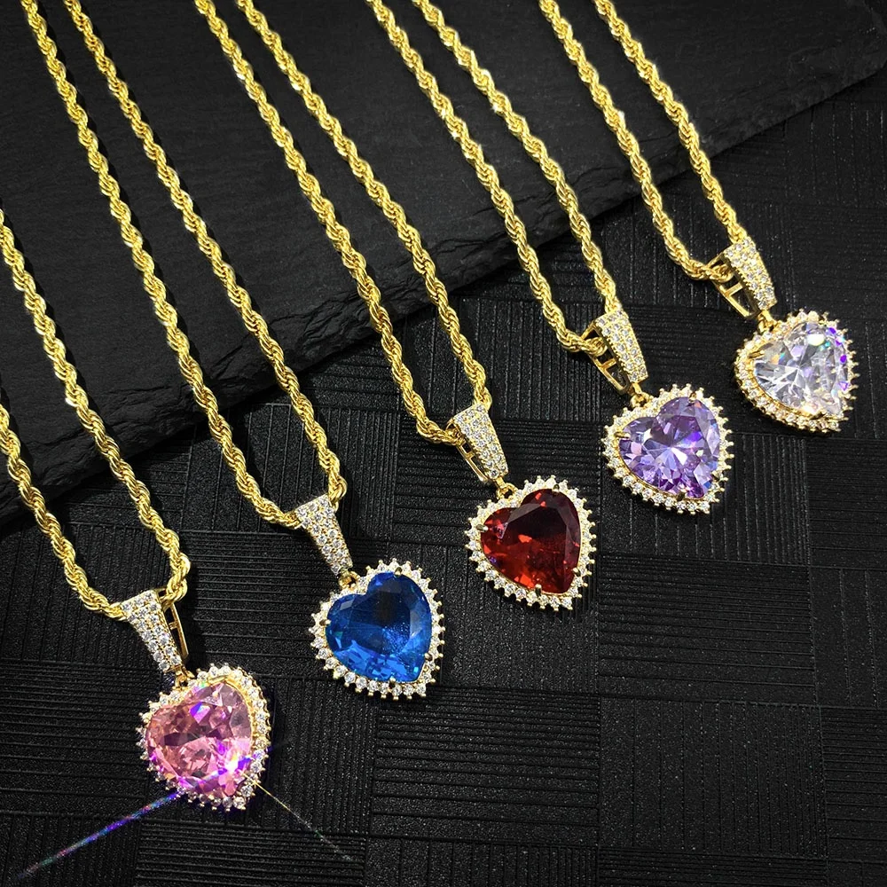 

women shiny colorful diamond jewelry pvd 18k gold plated heart pendant necklaces