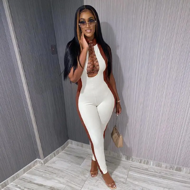 

Hot 2021 Sexy Sleeveless Bandage Cross Top Patchwork Rompers Long Slim Bodysuit Ribbed Velvet Mesh Jumpsuit