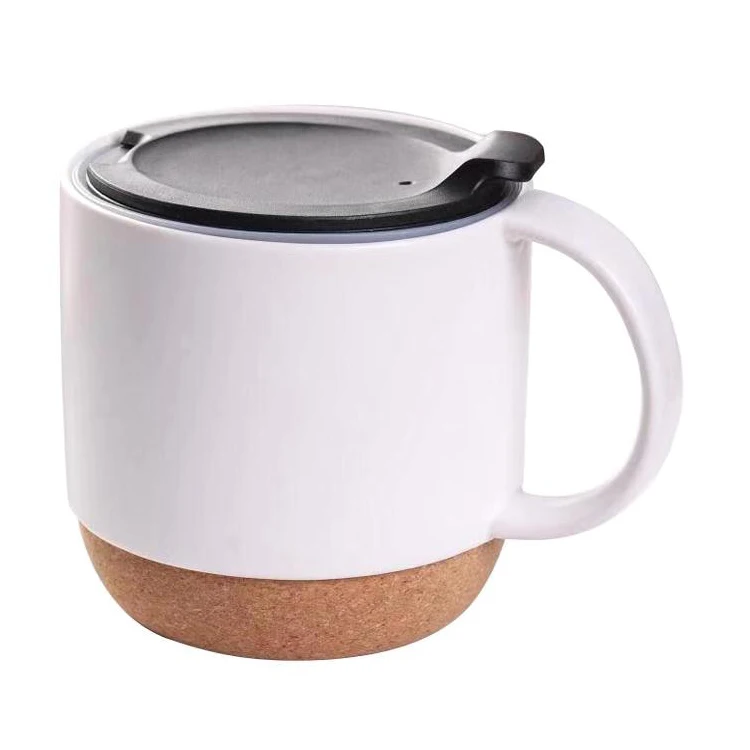 

plain color glazed coffee tea porcelain cup ceramic thermo mug with lid and cork bottom