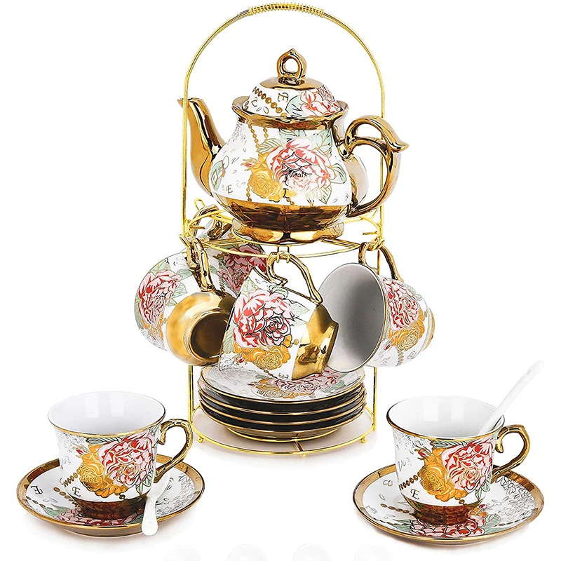 

20 Pieces European Tea Cups And Saucers Sets Ceramic Tea Set With Metal Holder Red Rose Painting, Customized color