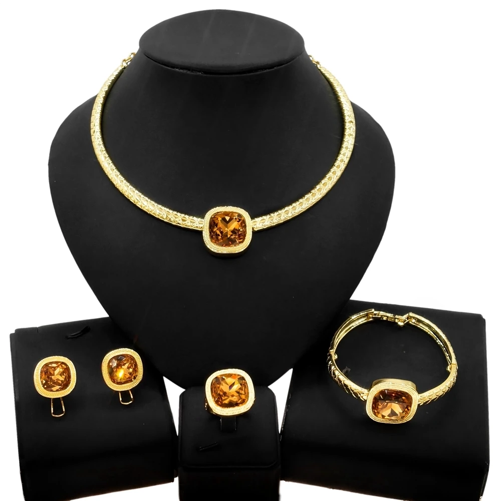 

Yulaili Hot Sale 18K Italian Gold Exquisite Jewelry Sets Fashion States Ladies Wholesale Orange Stone Jewellery Set