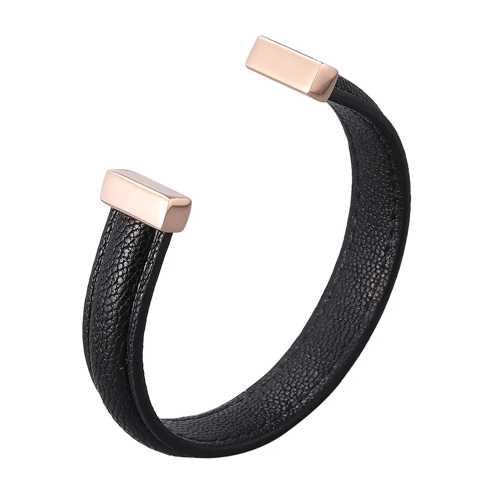 

Lovers Genuine Leather Open Cuff Bracelet Jewelry Rose Gold Color Stainless Steel Women Bangles Men Wristband SP0990