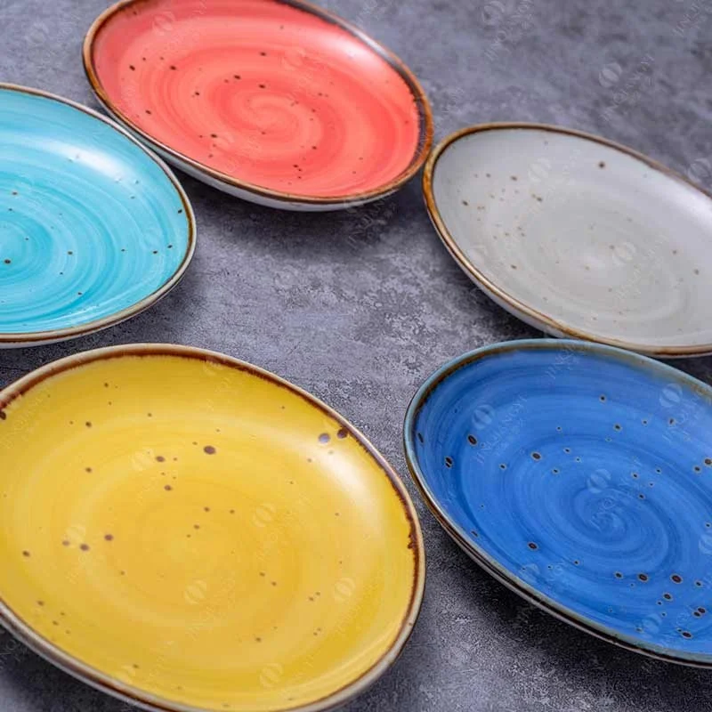 

JQY hand painting color glazing dessert plate ceramic high temperature porcelain irregular dinner plate and dish, Coral, turquoise, night blue, yellow, grey