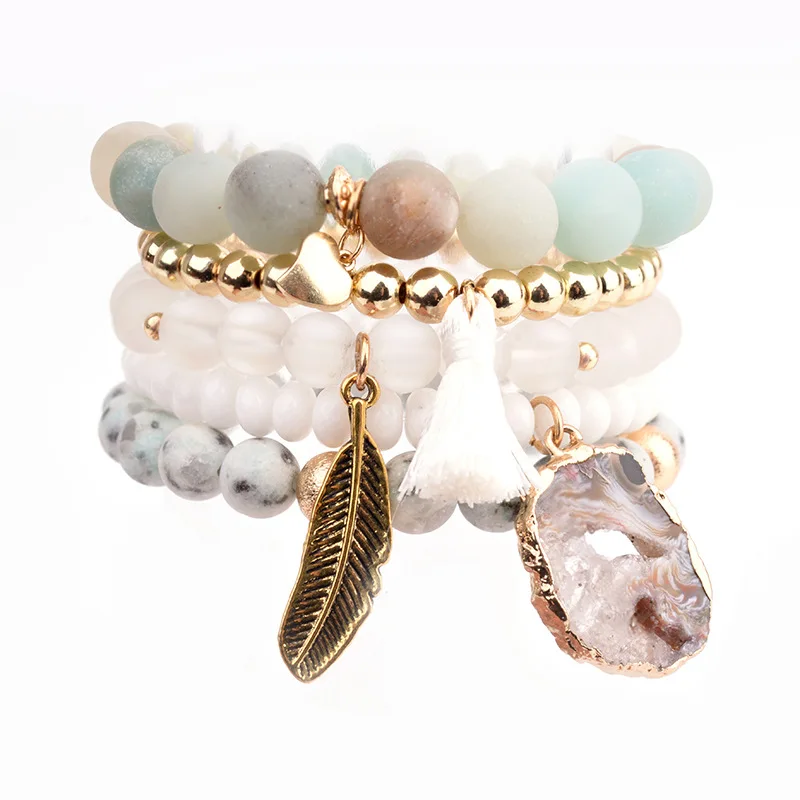 

Multilayer natural stone bracelet set Amazonite Healing Gemstone Stacked Bracelet Beaded Geode Stretch Layered bracelet