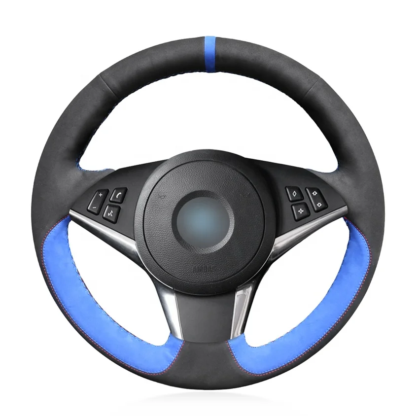 

Customize Suede Steering Wheel Cover for BMW 5 Series E60 E61 2007 2008 2009 2010 for BMW 6 Series E63 E64 2007 2008 2009 2010, Black and blue