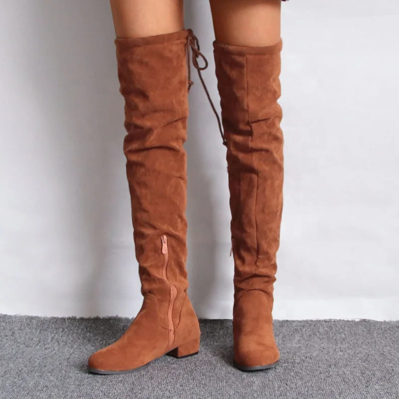 

2020 New Arrivals Women's Round Toe Side Zipper Suede Over the Knee High Boots Flat Anti-Slip Sole Stretch Thigh High Boots, Black,grey.brown