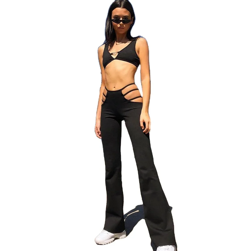 

Kliou women high waist hollow out strap sexy flare pants 2020 new fashion solid black female causal party club trousers outfit