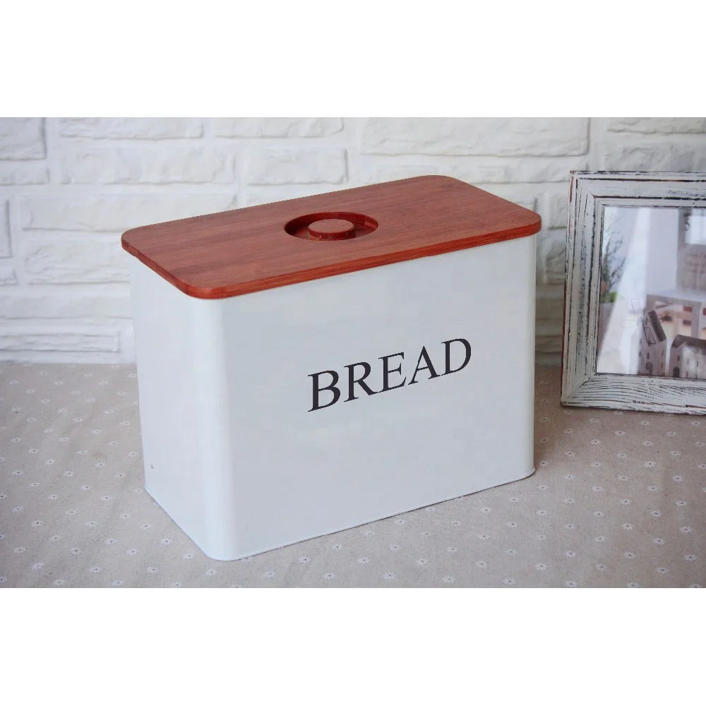 

Retro White Kitchen Bread Storage Box With Bamboo Cutting Board Customized Metal Bread Bin