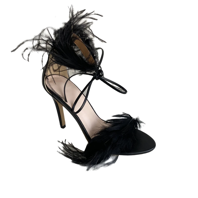 

112616iHeeled shoes 2021new style women shoes feather decoration stiletto high heel ankle wrap ladies sandals pointy head female