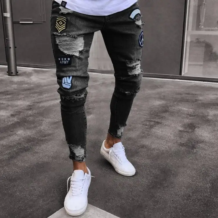 

Men's Quilted Embroidered Jeans Tapered Denim Pants Elastic Waist Patchwork Jeans Men