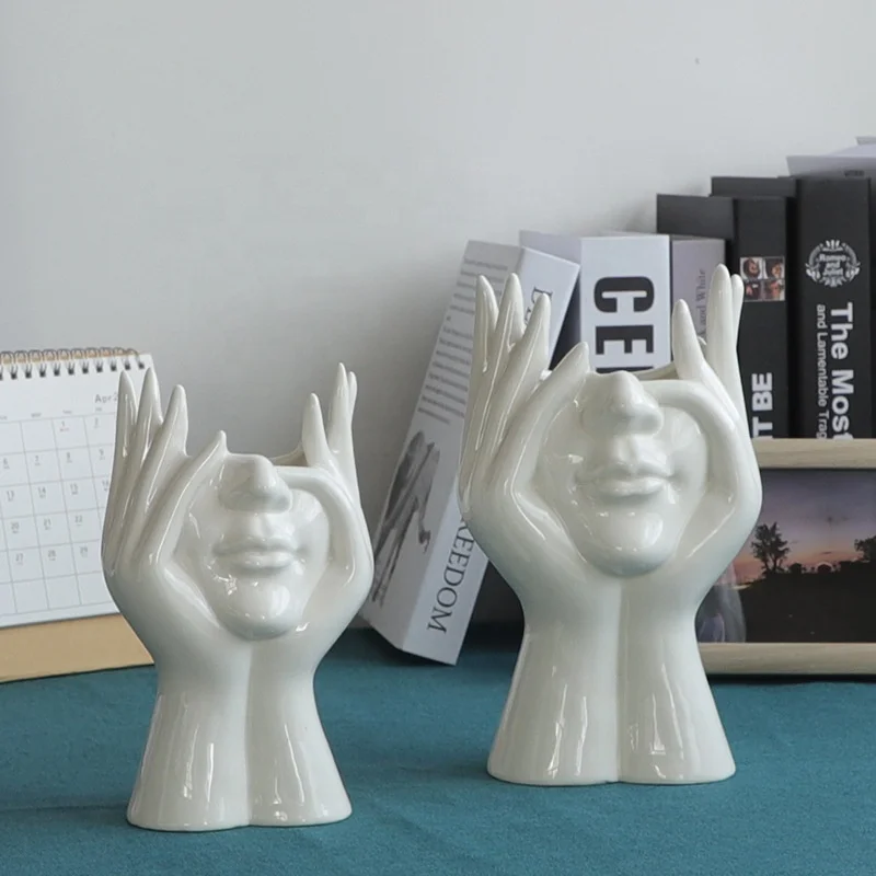 

Body Head Hydroponics Creative Face Ceramic Vase Home Decor, As pictures