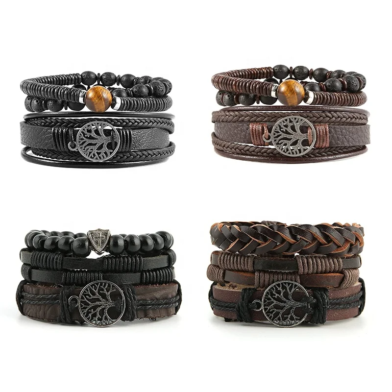 

Mens leather bracelet multilayer Genuine Leather Bracelet for man Natural Stone Lava Rock Beads Elastic leather Bracelet