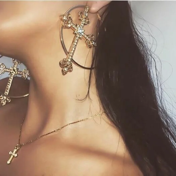 

Glossy Color Exaggerated Rhinestone Cross Big Hoop Earrings For Party, Golden