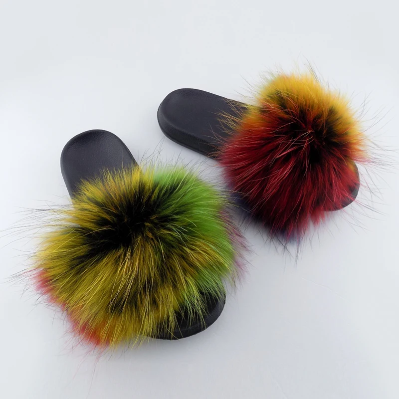 

With Low Price High Quality Warm Real Raccoon Fur Slippers, 15 colors