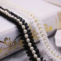 

fashion 2cm width white black color pleated gauze trim lace with pearl