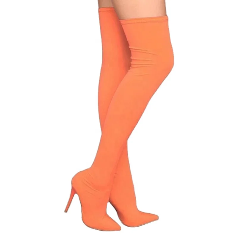 

Nightclub Sexy Female Sock Orange Women Stiletto Stretch Fabrics Over The Knee Slip On High Heel Boots, Black