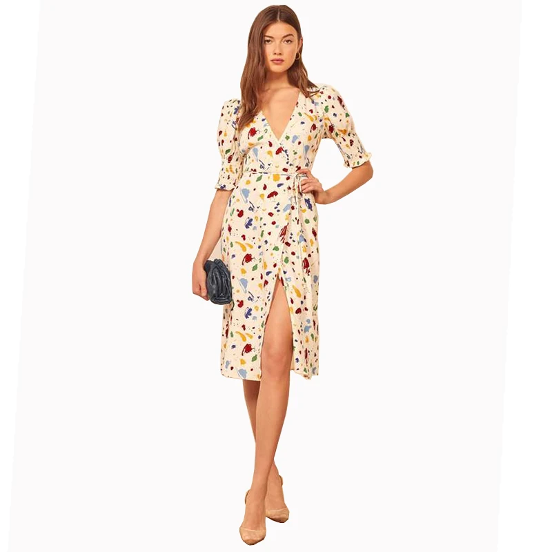 

2020 Latest New Arrival Multi-color Painted Puff Sleeve Wrap Midi Dress