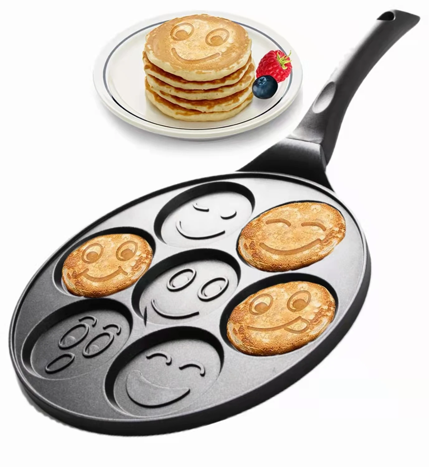 

7 Holes 26cm Smiley Face Mini Pancake Non-stick Waffle Baking Breakfast Cookie Omelette Egg Fry Pan, Natural color