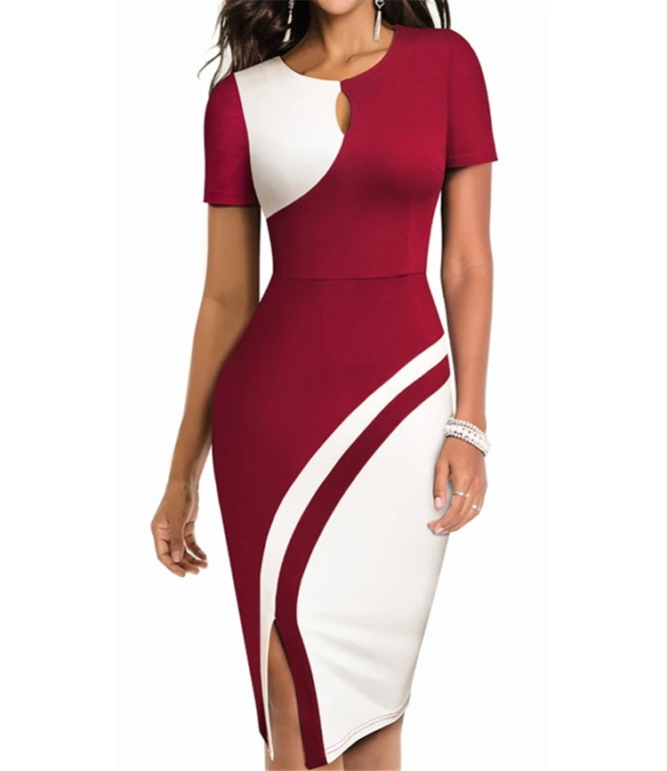 

Women Under-Knee Length Dress O-Neck Midi Dress Striped Midi Dress