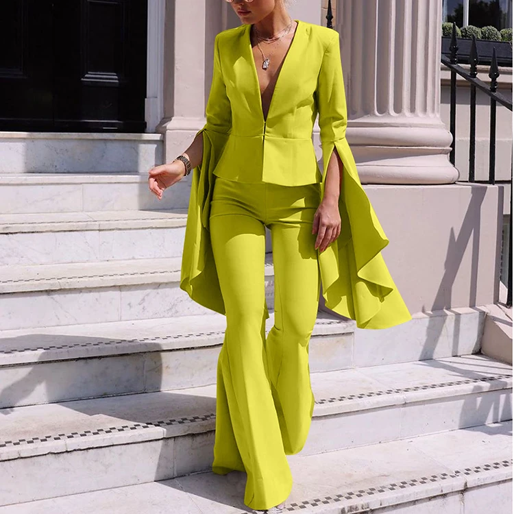 

Elegant Classy Plus Size Ladies Office Wear Clothes Irregular Sleeve Flare Pants Blazer 2 Two Piece Pant Suits Set for Women, Black,yellow,