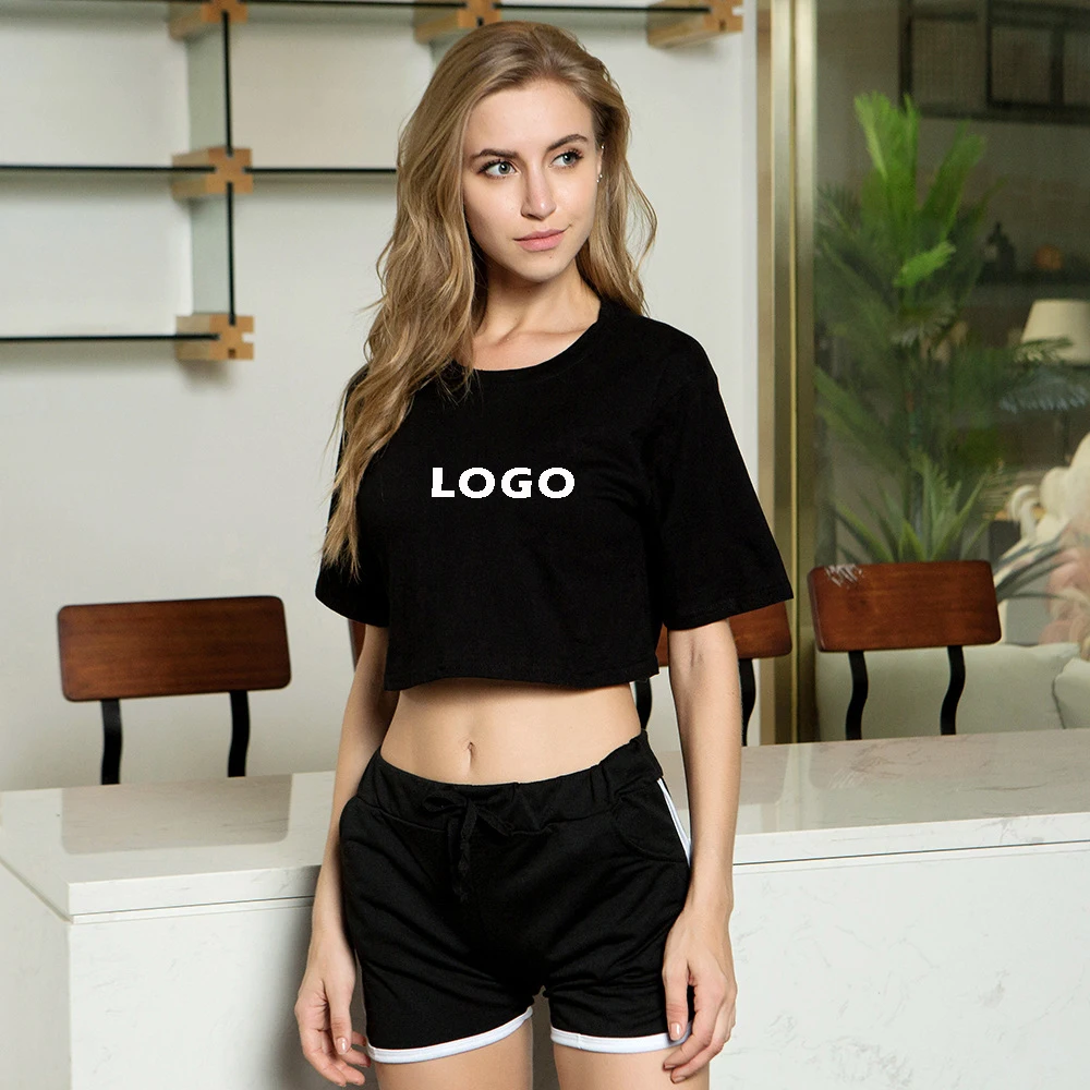 

Crop Tops T-shirts Women Cotton Customized Logo Printed Blank Tshirts Plain Wholesale Women Cropped T, As picture