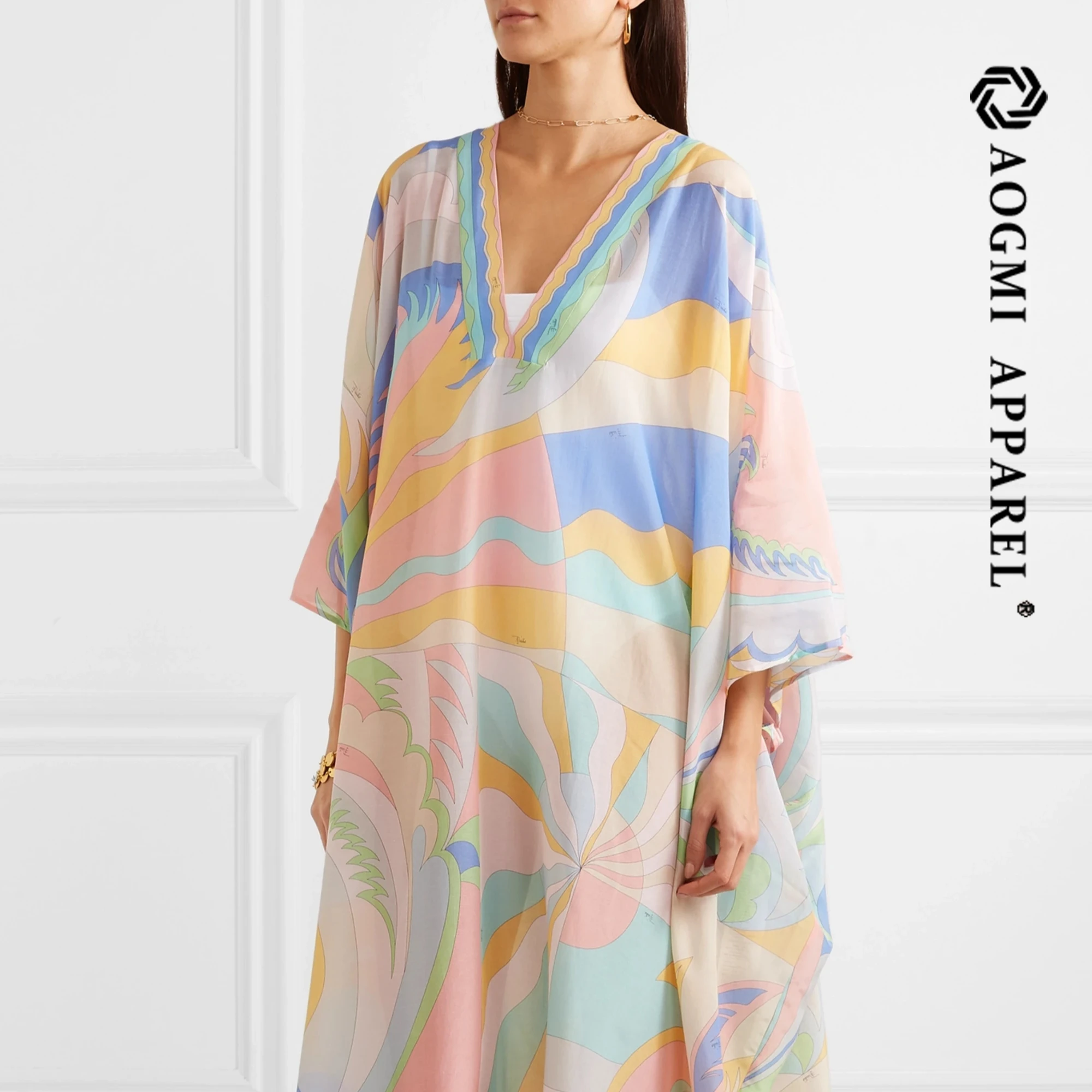 

2020Light Yellow cotton printed silk blended Kaftan